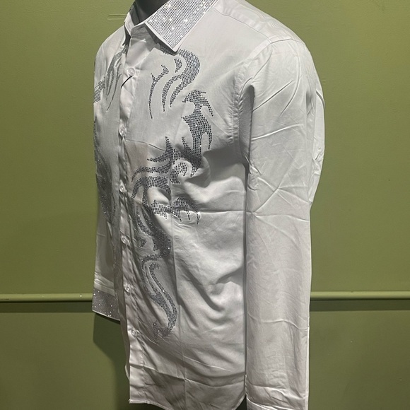 Deniko Men's White and white Embroidered Shirt rhinestone modern fit - Picture 3 of 4